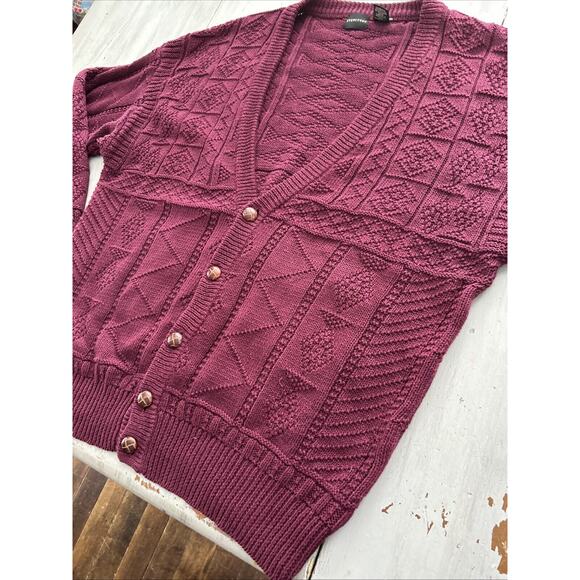 Vtg Structure Burgundy Cable Knit Fisherman Leather Buttons Cardigan Sz L 90s - Picture 5 of 10